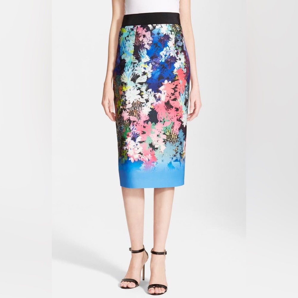 Milly Ombre Floral Print Midi Pencil Skirt